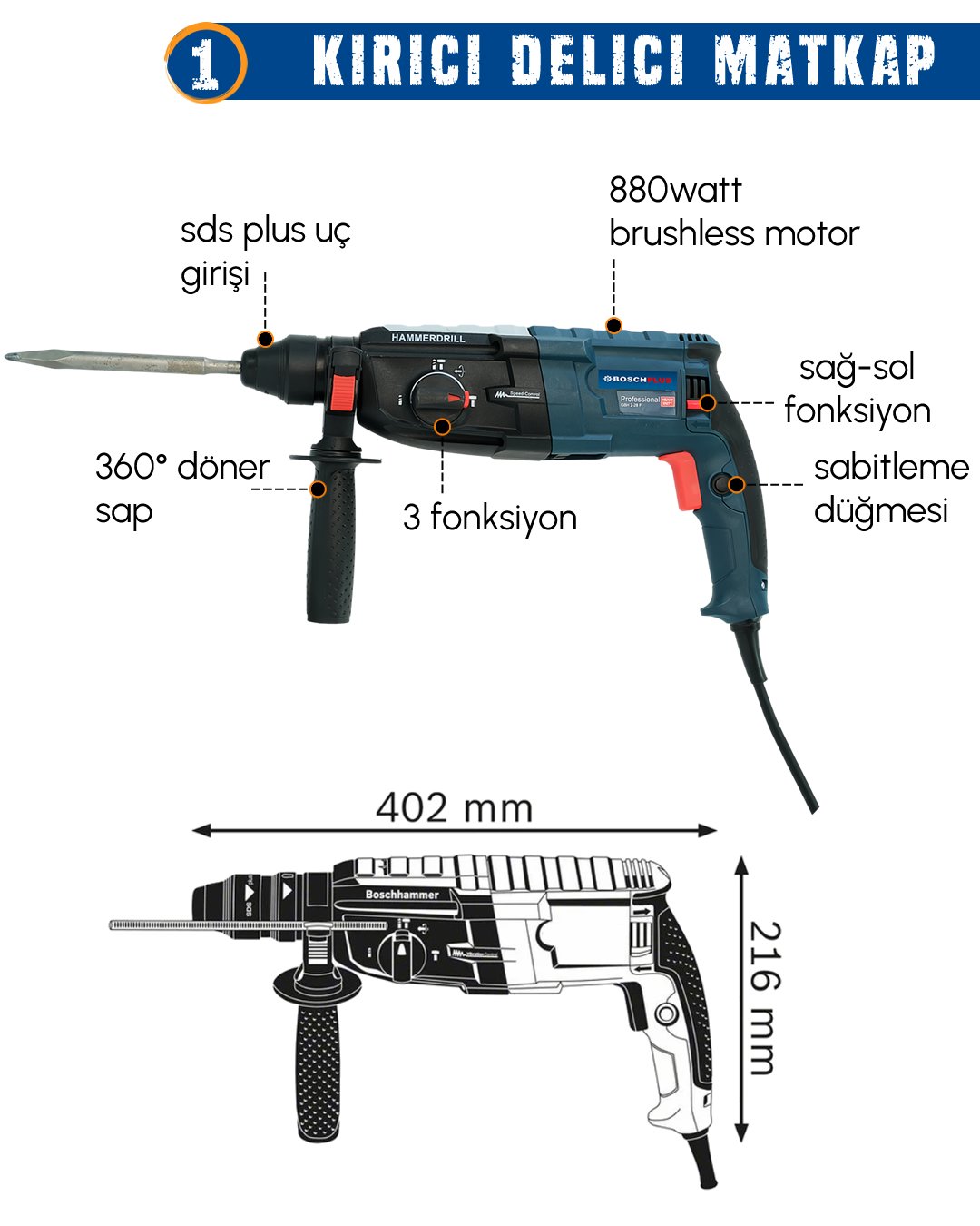 Bosch Plus BP005 Elektrikli 3 lü Set kırıcı delici özellikler