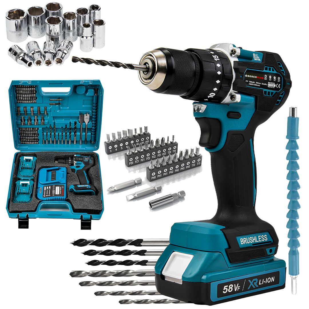 BoschPlus BP006 Kömürsüz 58vf 5ah Çelik Gövde Çelik Şanzıman Bakır Sargılı 5 Pilli Çift Akülü Vidalama Şarjlı Matkap 84 Parça