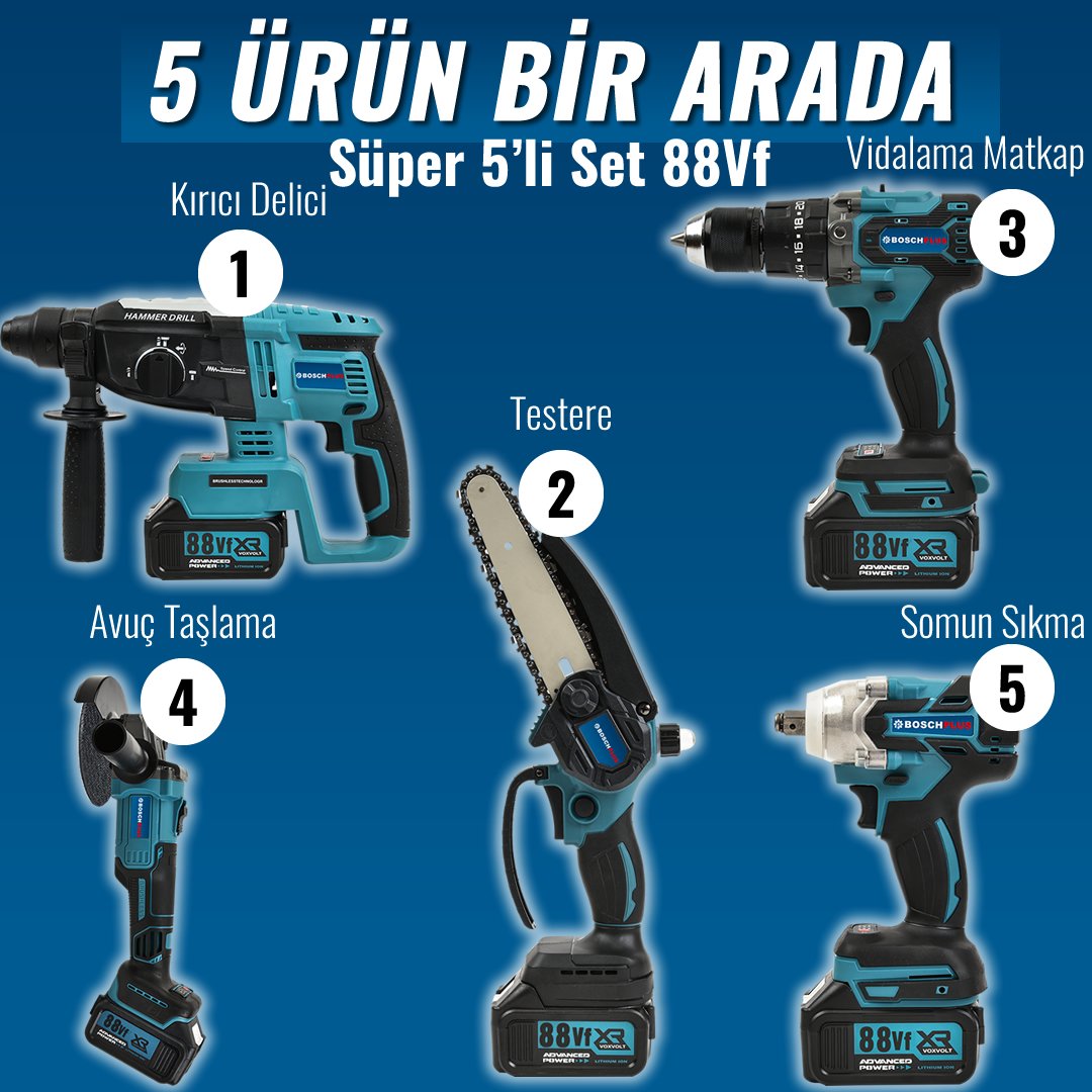 Bosch Plus BP008 Akülü Süper 5li Set Makina 88vf 5ah 125mm Avuç Taşlama, Sds Plus Kırıcı Delici Hilti, Somun Sıkma Sökme, Vidalama Matkap, Budama Testere