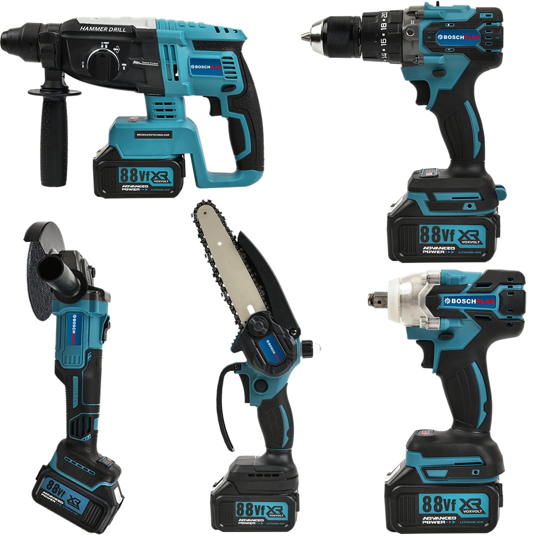 BoschPlus BP008 Akülü Süper 5li Set Makina 88vf 5ah 125mm Avuç Taşlama + Sds Plus Kırıcı Delici Hilti + Somun Sıkma Sökme + Vidalama Matkap + Budama Testere