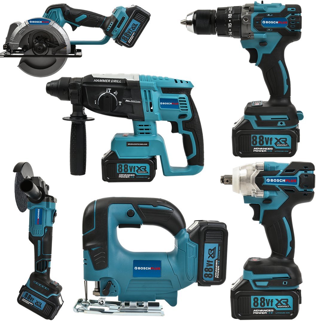 BoschPlus BP009 Akülü Süper 6lı Set Makina 88vf 5ah 125mm Avuç Taşlama, Sds Plus Kırıcı Delici Hilti, Somun Sıkma Sökme, Vidalama Matkap, Daire Testere, Dekupaj