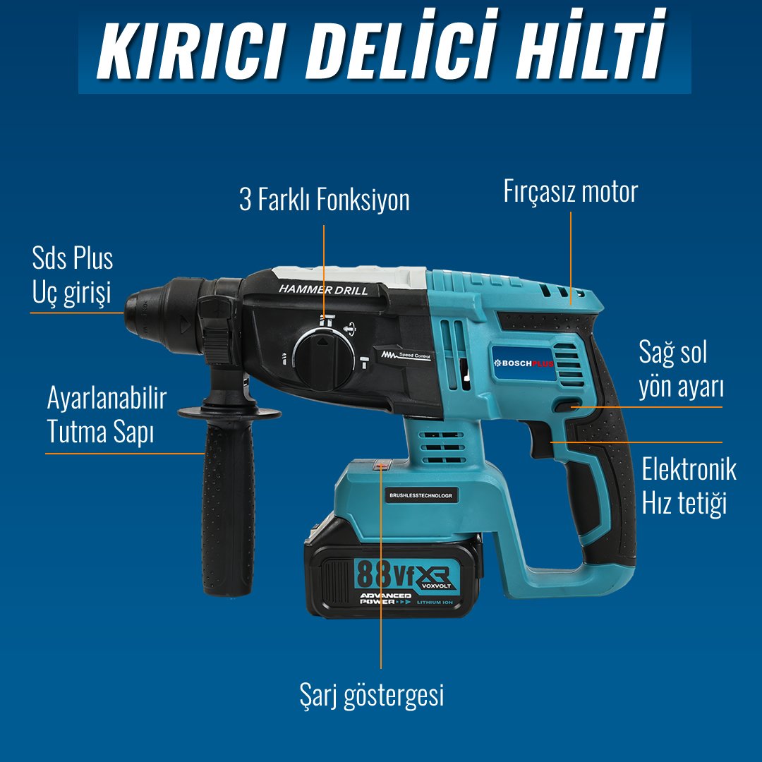 Bosch Plus BP009 Akülü Süper 6lı Set Makina 88vf 5ah kırıcı delici hilti