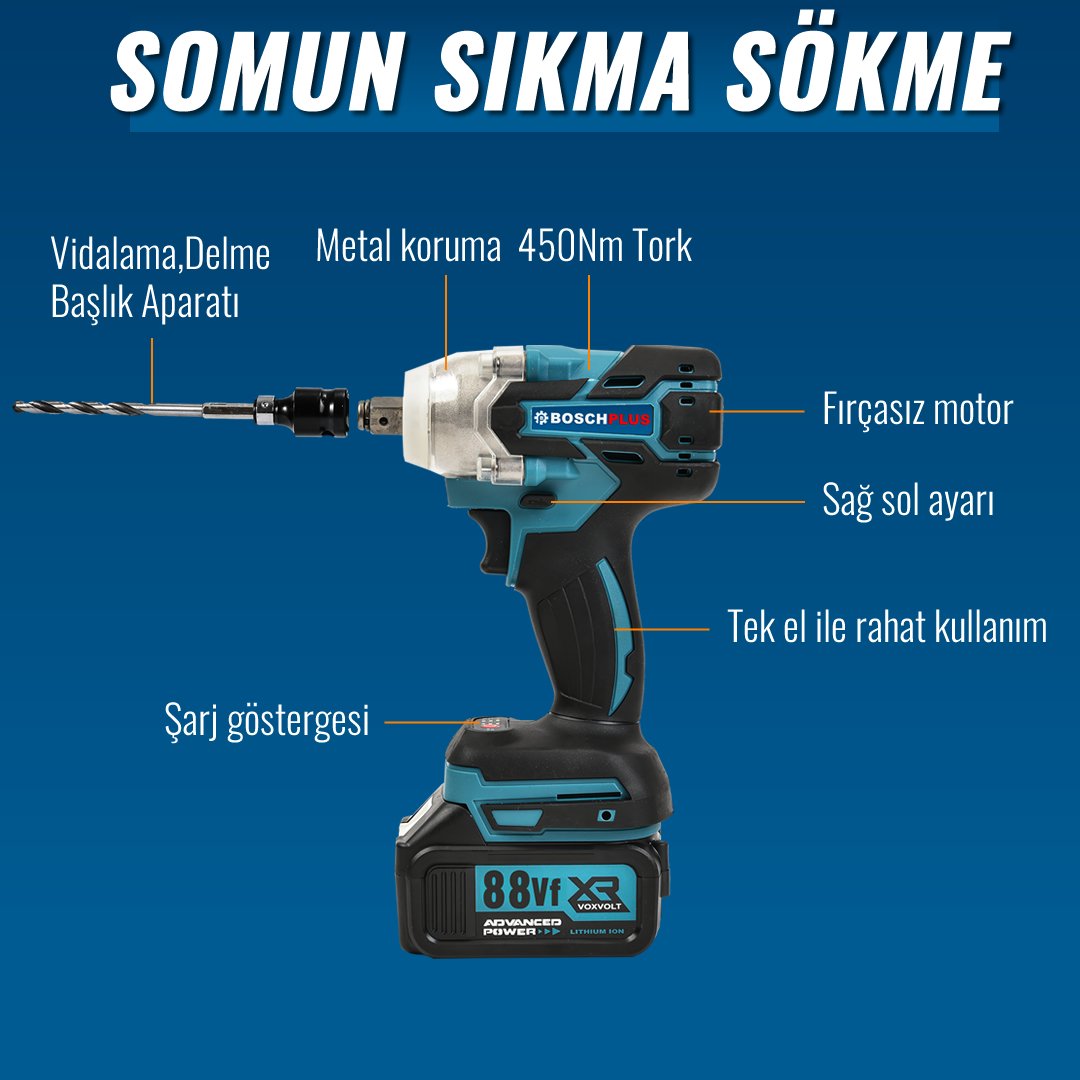 Bosch Plus BP009 Akülü Süper 6lı Set Makina 88vf 5ah somun sökme özellikleri