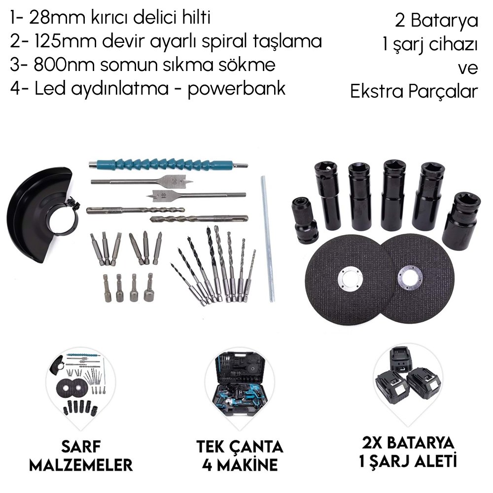 BoschPlus bp019 Akülü Kömürsüz 3IN1 Set Makine (800Nm Somun Sökme, Kırıcı Delici , 125mm Avuç Taşlama, Powerbank ve Led) 88Vf 10P PARÇALAR