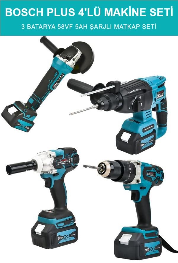 Bosch Plus BP001 Akülü Ultra 4lü Set Makina 58vf 5ah 125mm Avuç Taşlama, Sds Plus Kırıcı Delici Hilti, Somun Sıkma Sökme, Vidalama Matkap